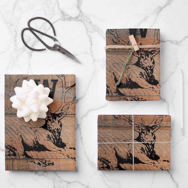 Custom Rustic Wood Texture & Deer Monogram Wrapping Paper Sheets (Front)