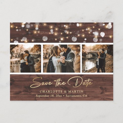 Custom Rustic Wood Wedding 3 Photo Save The Date Announcement Postcard