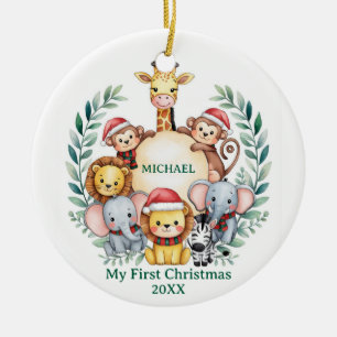 Custom Safari Animals Baby 1st First Christmas Ceramic Ornament