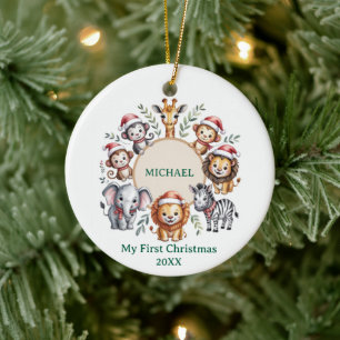Custom Safari Animals Baby 1st First Christmas Ceramic Ornament