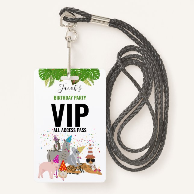 Custom Safari Jungle Zoo Birthday Party Pass Favor Badge (Front with Lanyard)