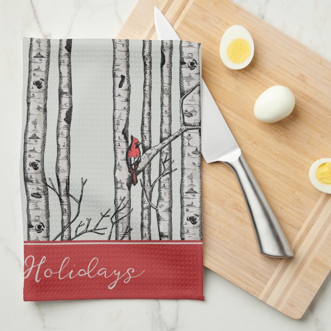 Custom Sage Birch Trees and Red Cardinal Birds Kitchen Towel (Quarter Fold)