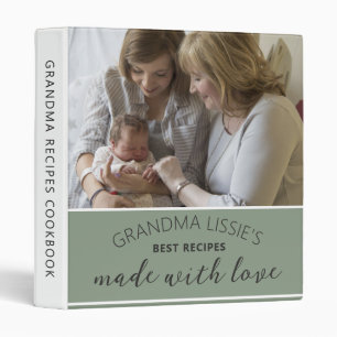 Custom Sage Green 2 Photo Grandma Recipe Cookbook 3 Ring Binder