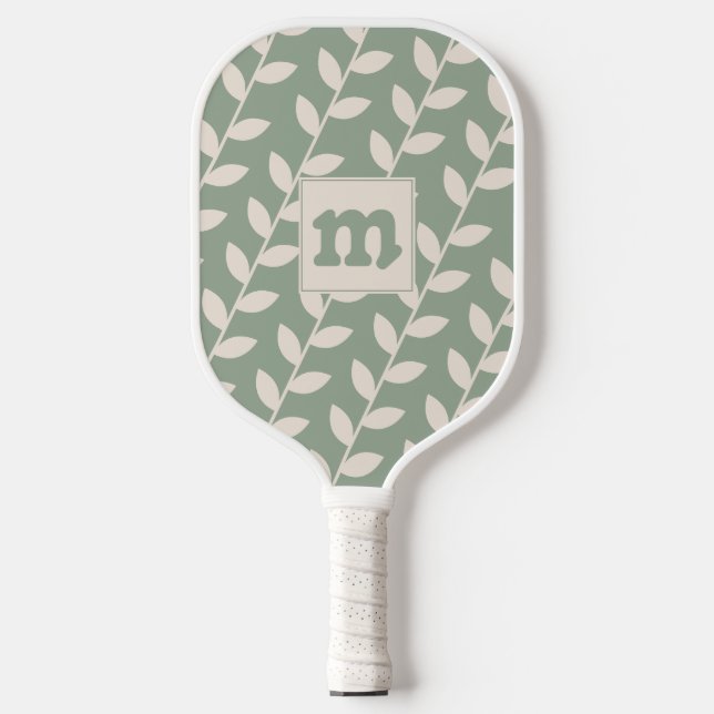 Custom Sage Green 70s Leaf Pattern Monogram Pickleball Paddle (Front)