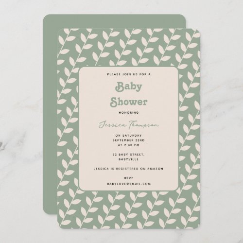 Custom Sage Green 70s Retro Leaf Baby Shower Invitation