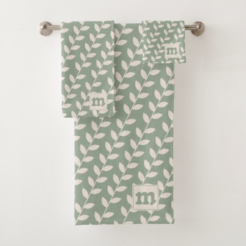 Custom Sage Green 70s Retro Leaf Pattern Monogram Bath Towel Set