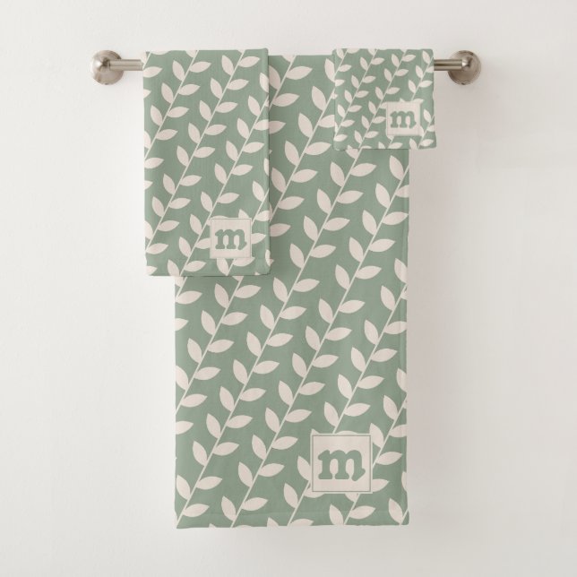 Custom Sage Green 70s Retro Leaf Pattern Monogram Bath Towel Set (Insitu)