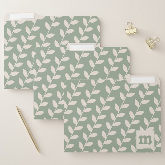 Custom Sage Green 70s Retro Leaf Pattern Monogram File Folder (Set)
