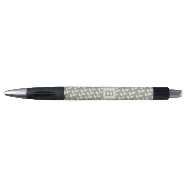 Custom Sage Green 70s Retro Leaf Pattern Monogram Pen (Front)