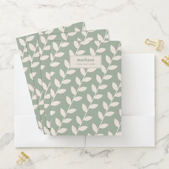 Custom Sage Green 70s Retro Leaf Pattern Monogram Pocket Folder (In Situ)