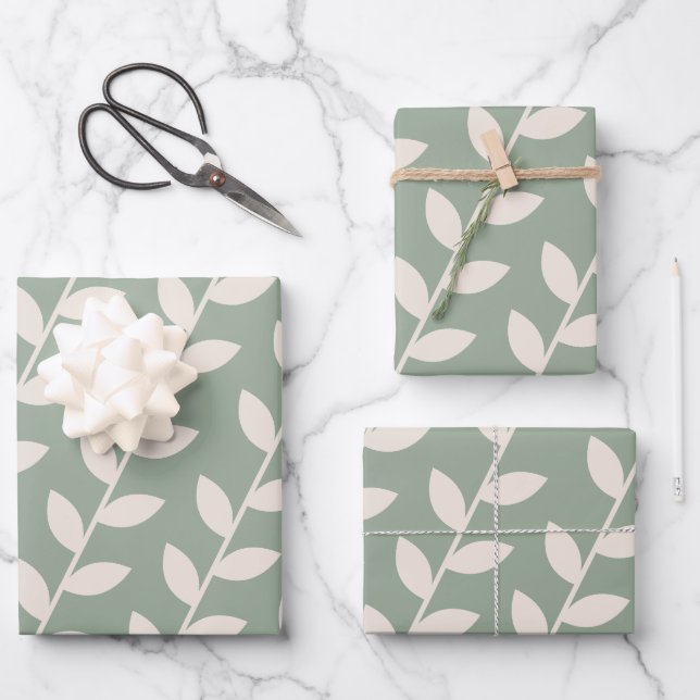 Custom Sage Green 70s Retro Leaf Pattern  Wrapping Paper Sheets (Front)