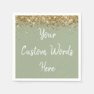 Custom Sage Green and Gold Glitter Birthday Party Napkins