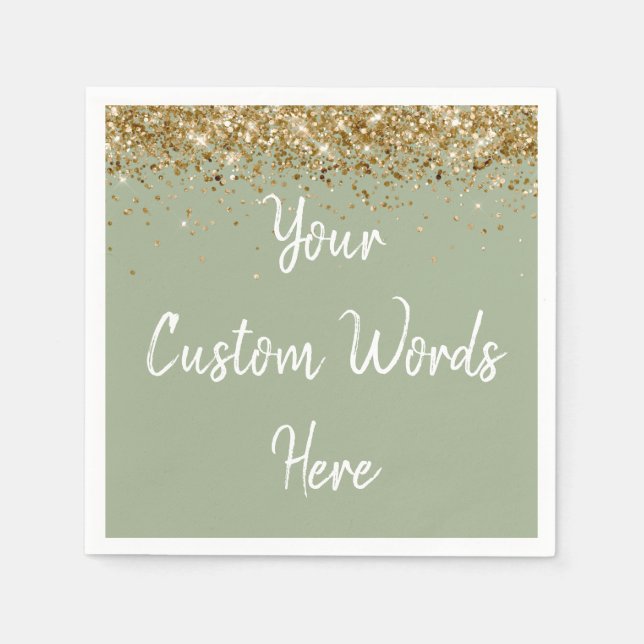 Custom Sage Green and Gold Glitter Birthday Party Napkins (Front)