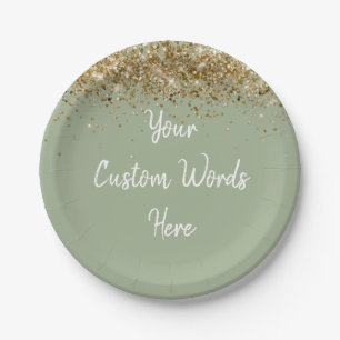 Custom Sage Green and Gold Glitter Birthday Party Paper Plates