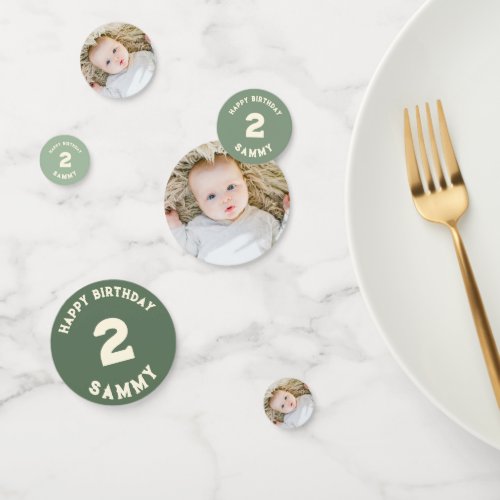 custom sage green baby boy photo 2nd birthday  confetti