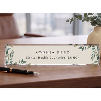 Custom Sage Green Botanical Therapist Office Decor Desk Name Plate