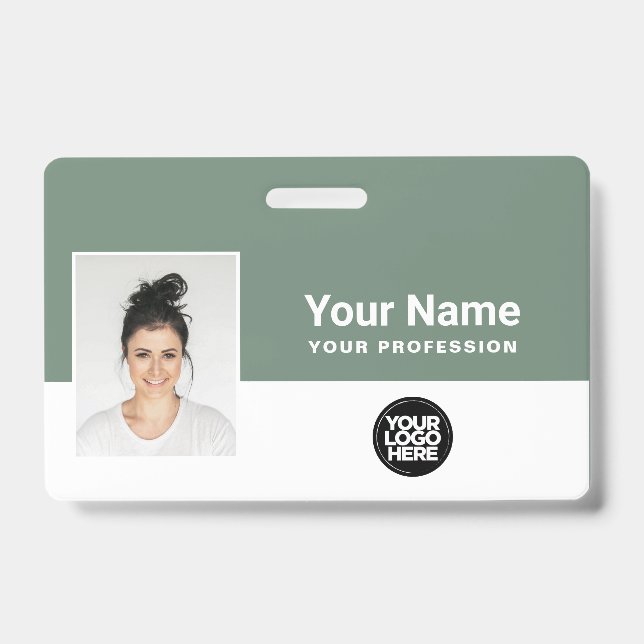 Custom Sage Green Employee Logo Name Lanyard Badge (Front)
