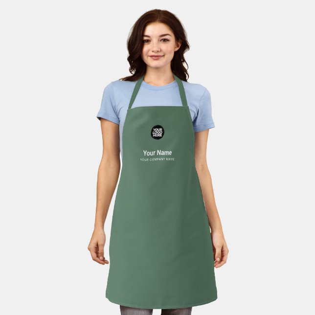 Custom Sage Green Employee Name Logo Company Apron (Worn)