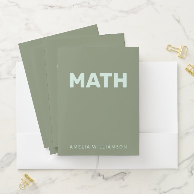 Custom Sage Green Minimal School Math Class Name Pocket Folder (In Situ)
