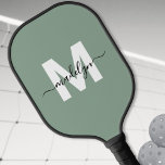 Custom Sage Green Modern Name Monogram Pickleball Paddle<br><div class="desc">Create Your Own Personalized Custom Sage Green Modern Script Name Monogram Pickleball Paddle. This chic, feminine pickleball paddle features a stylish monogram on the front, with a flat white initial on a soft sage green background and a classic black script name for a personalized touch. The back is plain sage...</div>