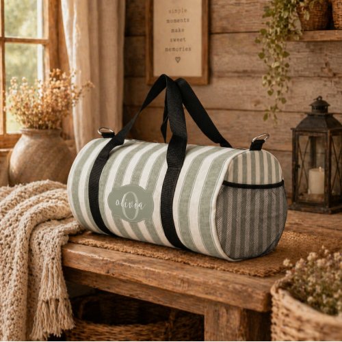 Custom Sage Green, Personalized Striped Farmhouse  Duffle Bag