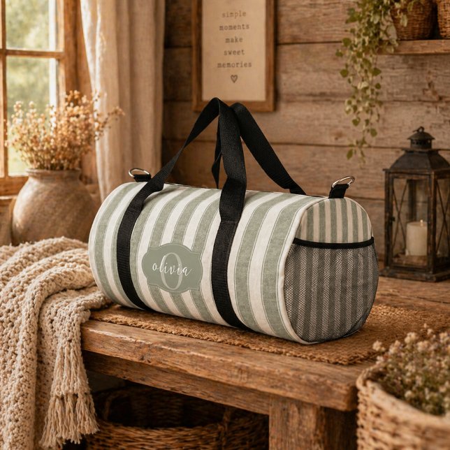 Custom Sage Green, Personalized Striped Farmhouse  Duffle Bag (Creator Uploaded)