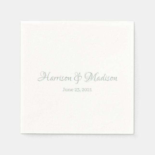 Custom sage green Script Couple Name Date Wedding Napkins (Front)