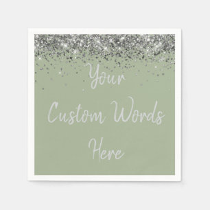 Custom Sage Green & Silver Glitter Birthday Party Napkins