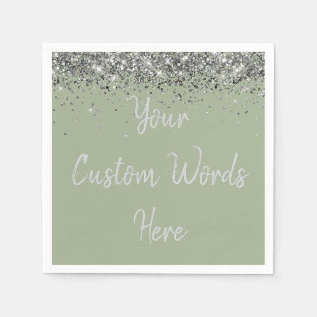 Custom Sage Green & Silver Glitter Birthday Party Napkins (Front)