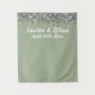 Custom Sage Green Silver Wedding Photo Booth Prop Tapestry