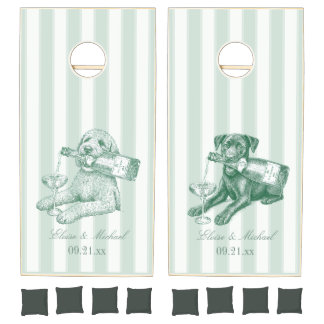 Custom Sage Green Stripe Labrador Doodle Wedding Cornhole Set