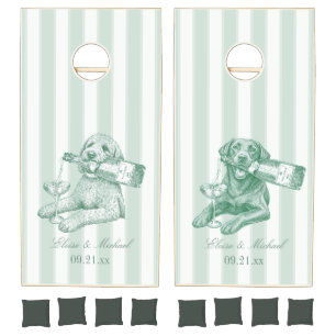 Custom Sage Green Stripe Labrador Doodle Wedding Cornhole Set
