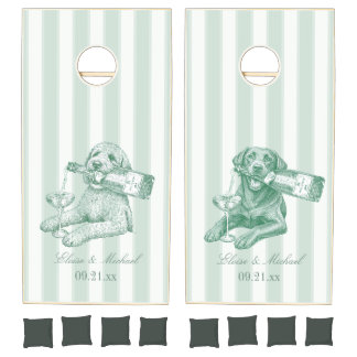 Custom Sage Green Stripe Labrador Doodle Wedding Cornhole Set