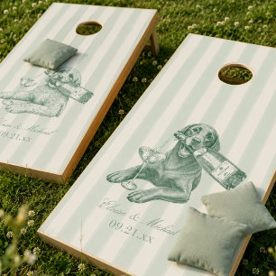 Custom Sage Green Stripe Labrador Doodle Wedding Cornhole Set