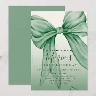 Custom Sage Green Watercolor Bow First Birthday Invitation