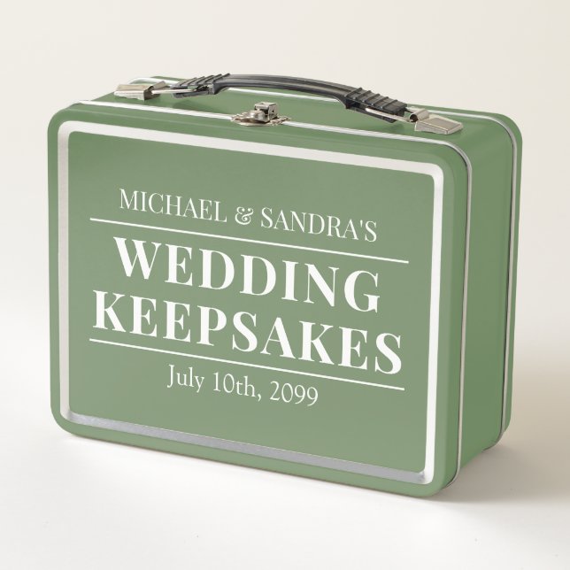 Custom Sage Green Wedding Keepsakes Metallic Box (Front)
