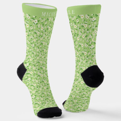 Custom Sage Green White Flowers Pattern Socks