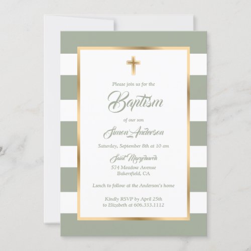 Custom Sage Green White Gold Stripe Baptism Invitation