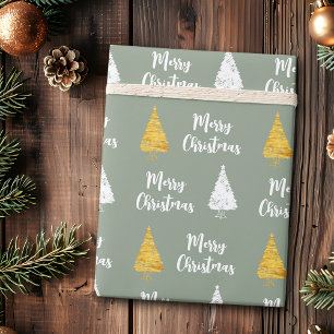 Custom Sage Green White Golden Christmas Tree Wrapping Paper