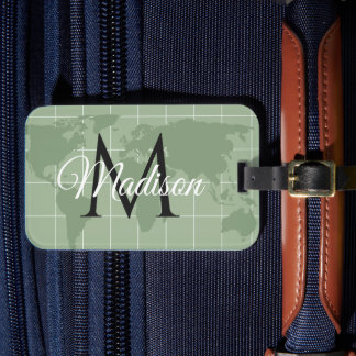 Custom Sage Green World Map Monogram Name Luggage Tag