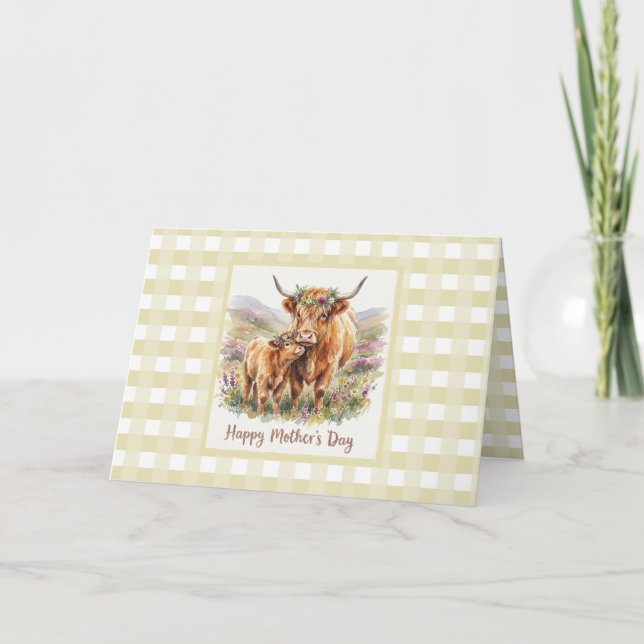 Custom Sage Highland Cow Gingham Mother's Day Card (Front)