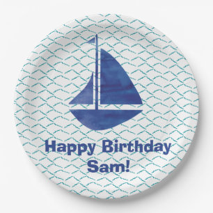 Custom Sailboat Coastal Turquoise Waves Abstract Paper Plates