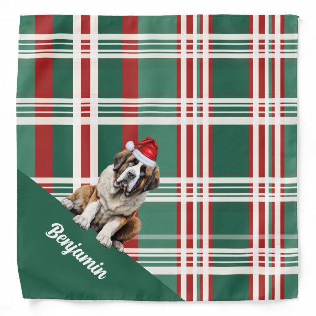 Custom Saint Bernard Dog Santa Plaid Christmas Bandana (Front)