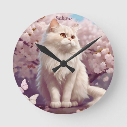 Custom Sakura the Cat in Cherry Blossom Forest Round Clock