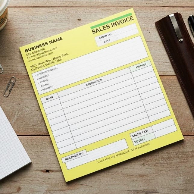 Custom Sales Invoice Receipts, Yellow Company Name Notepad (yellow company name pad)