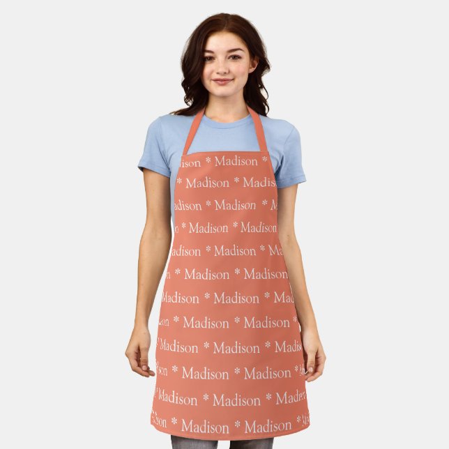 Custom salmon white name text cute pattern apron (Worn)