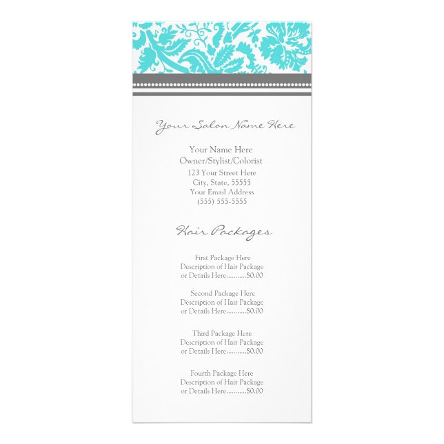 Custom Salon Rack Cards Aqua Grey Damask (Front)