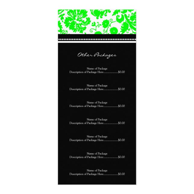 Custom Salon Rack Cards Green Black Damask (Back)