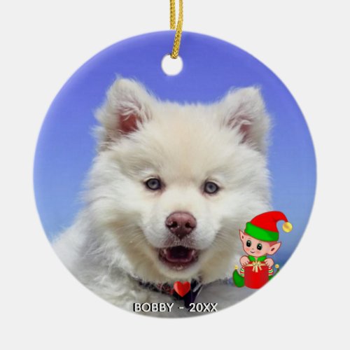 Custom Samoyed Dog Photo with Cute Elf Ceramic Ornament