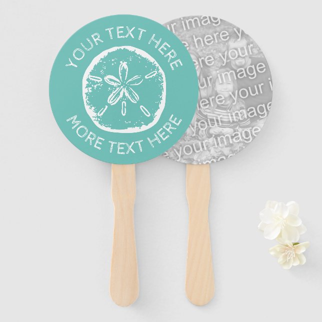 Custom sand dollar shell beach wedding party photo hand fan (Front and Back)